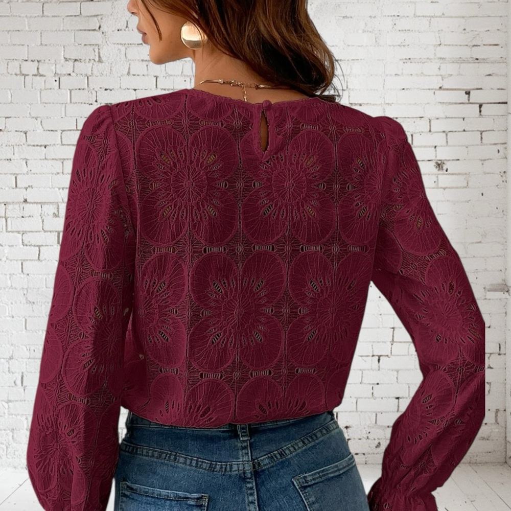 Cupshe Burgundy Eyelet Long-Sleeve Blouse - Picture 3 of 3
